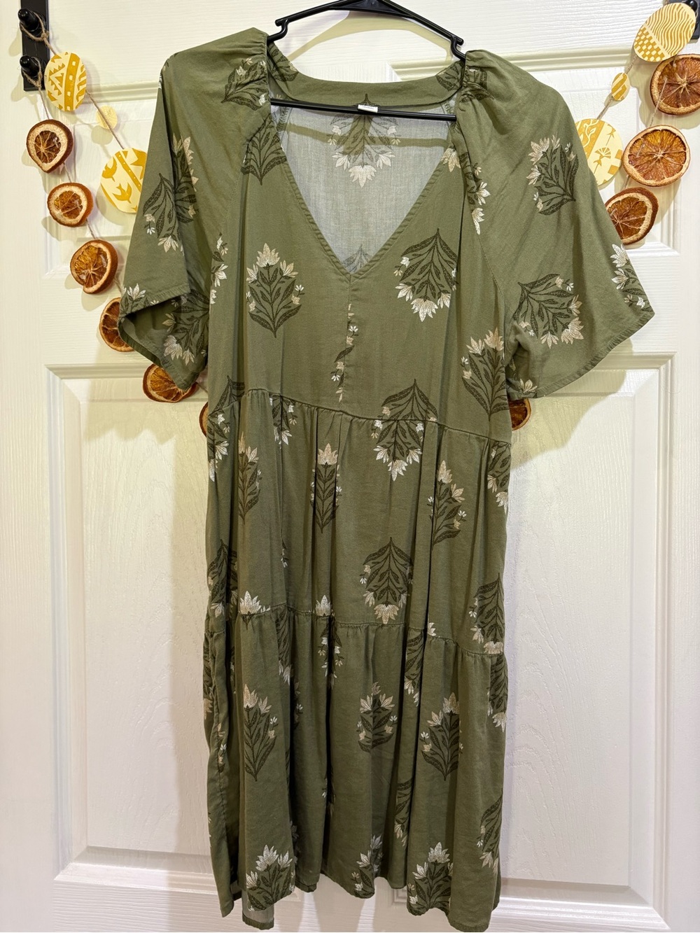 Old Navy Olive Green Floral V-Neck Midi Dress